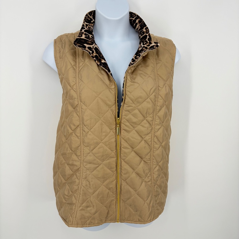 Reversible Quilted Vest Leopard Print Tan Full Zip Puffer 2X Animal Lightweight